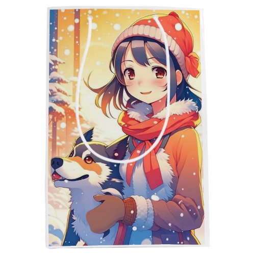 Beautiful Anime Girl with Husky Dog Christmas Medium Gift Bag