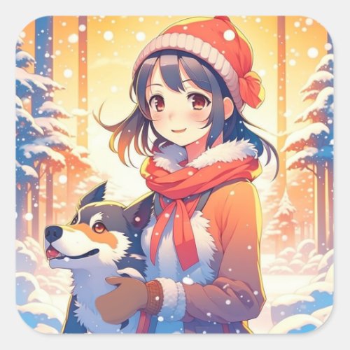Beautiful Anime Girl with Husky Dog Christmas Square Sticker