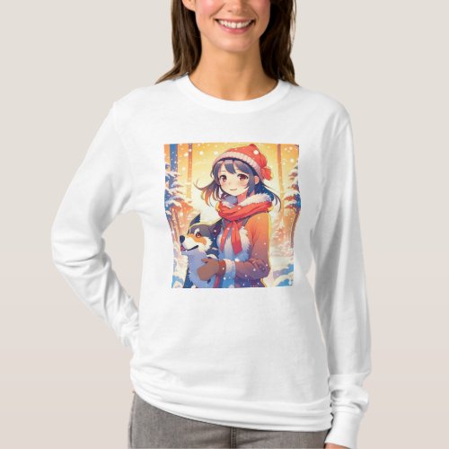 Beautiful Anime Girl with Husky Dog Christmas T_Shirt