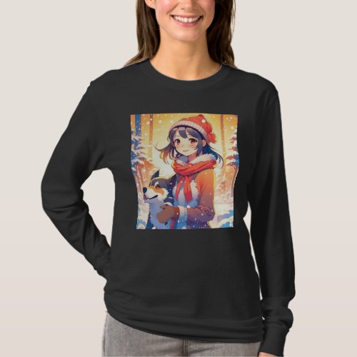 Beautiful Anime Girl with Husky Dog Christmas T_Shirt