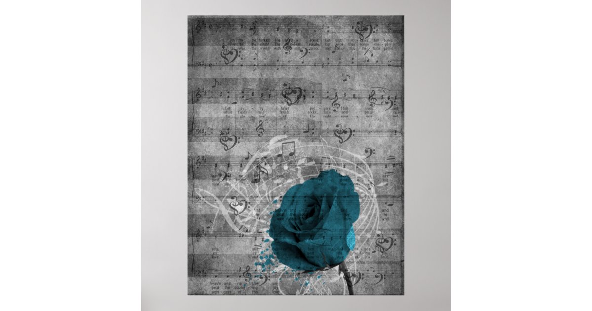 Beautiful antique blue rose paint splatter music poster | Zazzle