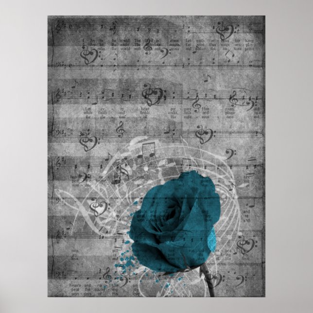 Beautiful antique blue rose paint splatter music poster (Front)