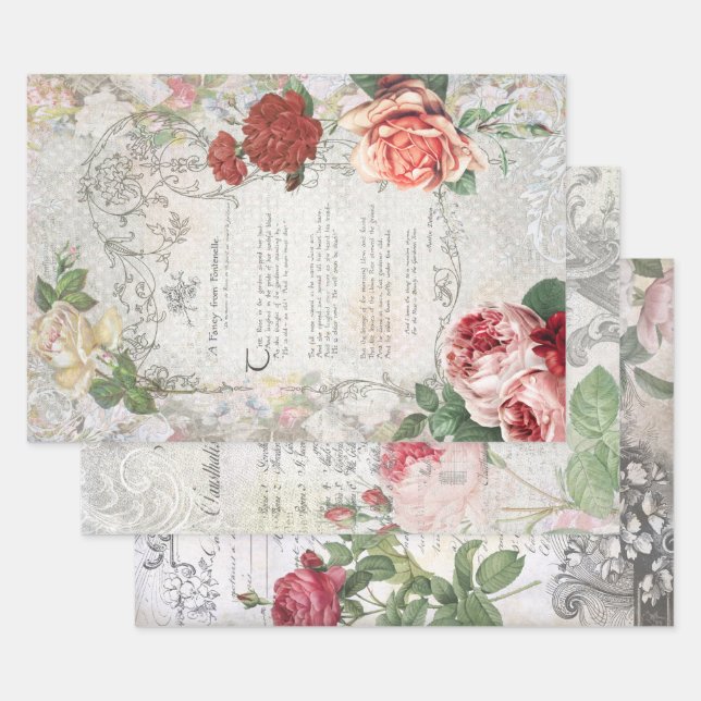 Beautiful Antique Floral Ephemera Decoupage Wrapping Paper Sheets (Set)