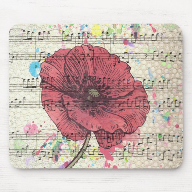 Beautiful antique poppy flower music notes mouse pad (Front)