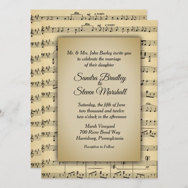 Beautiful Antique Sheet Music Theme Wedding Invitation (Front/Back)