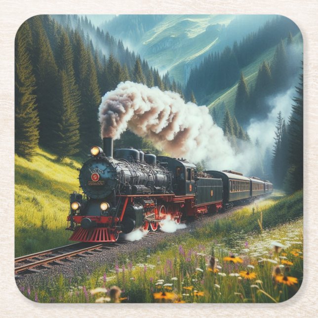 Beautiful Antique Steam Engine Locomotive Square Paper Coaster (Front)