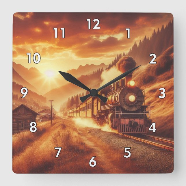Beautiful Antique Steam Engine Locomotive Square Wall Clock (Front)