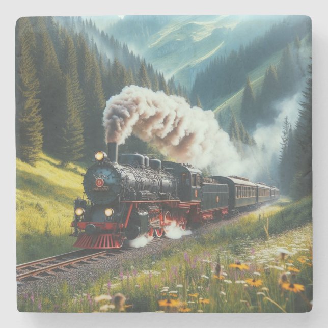 Beautiful Antique Steam Engine Locomotive Stone Coaster (Front)