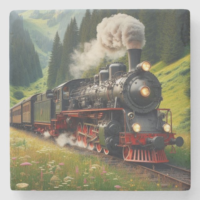 Beautiful Antique Steam Engine Locomotive Stone Coaster (Front)