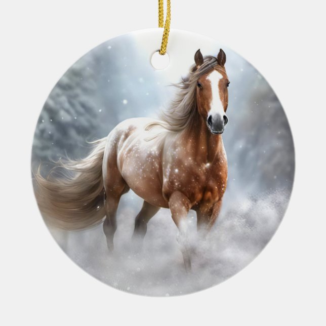 Beautiful Appaloosa Horse in the Snow Christmas Ceramic Ornament (Front)
