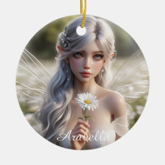 Beautiful April Fairy in Daisies Ceramic Ornament (Front)