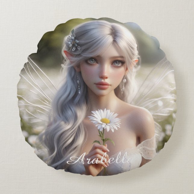 Beautiful April Fairy in Daisies Round Pillow (Front)