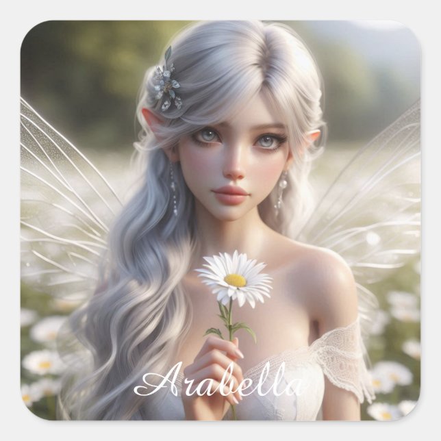 Beautiful April Fairy in Daisies Square Sticker (Front)