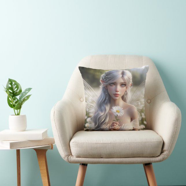 Beautiful April Fairy in Daisies Throw Pillow (Chair)