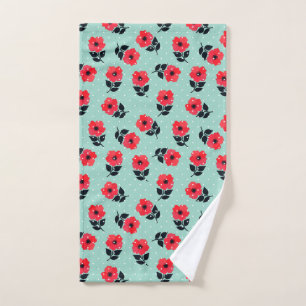 Beautiful Aqua and Red Floral Polka Dot Pattern Hand Towel