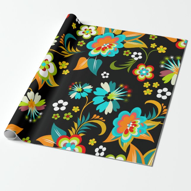 Beautiful Aqua & Black Abstract Floral Pattern Wrapping Paper (Unrolled)