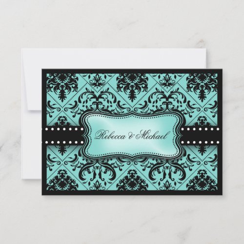 Beautiful Aqua Blue &amp; Black Damask RSVP Cards