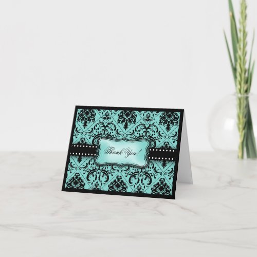 Beautiful Aqua Blue  Black Damask Thank You Card