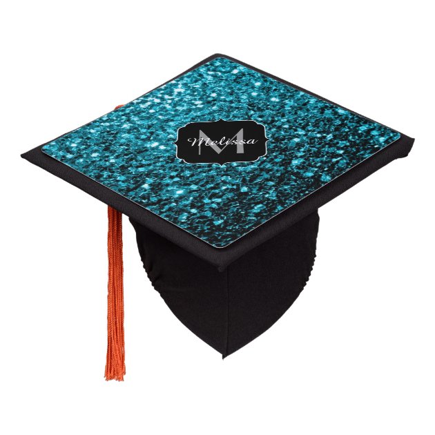 Beautiful Aqua Blue Glitter Sparkles Monogram Graduation Cap Topper