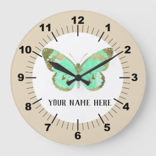 Beautiful Aqua & Gold Butterfly Large Clock