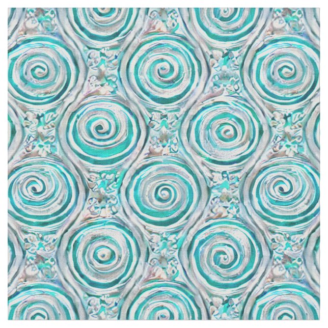 Beautiful Aqua Symmetrical Swirls & Whorls Fabric (Close Up)