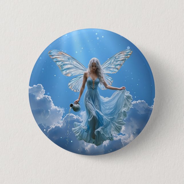 Beautiful Aquarius Fairy in the Clouds Button (Front)