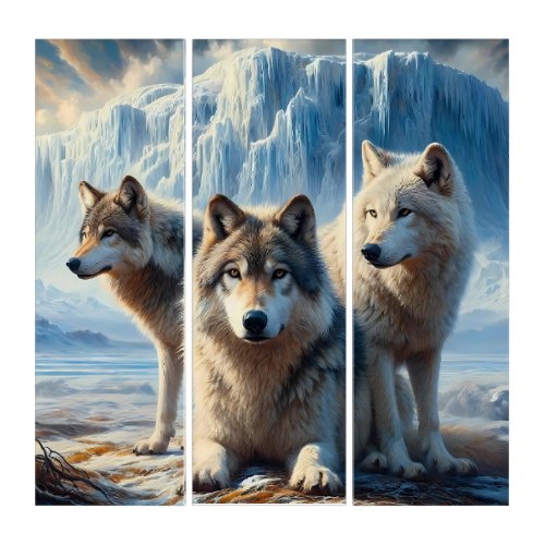 Beautiful Arctic wolves pack in Icy glacial tundra Triptych