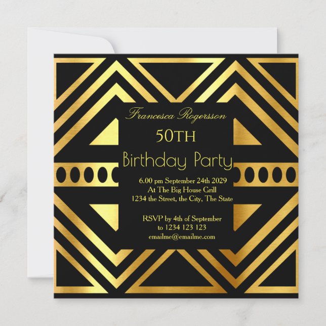 Beautiful Art Deco 50th Birthday Party Gold Black  Invitation (Front)