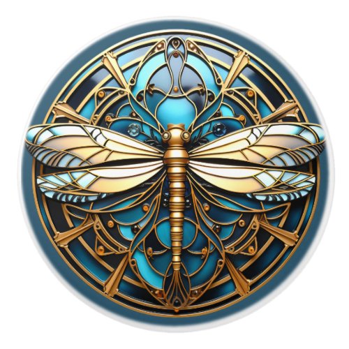 Beautiful Art Deco Dragonfly Gems Turquoise Gold   Ceramic Knob
