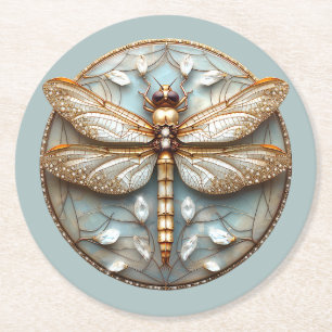 Beautiful Art Deco Dragonfly Gold Diamonds Round Paper Coaster