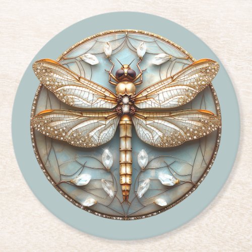 Beautiful Art Deco Dragonfly Gold Diamonds Round Paper Coaster