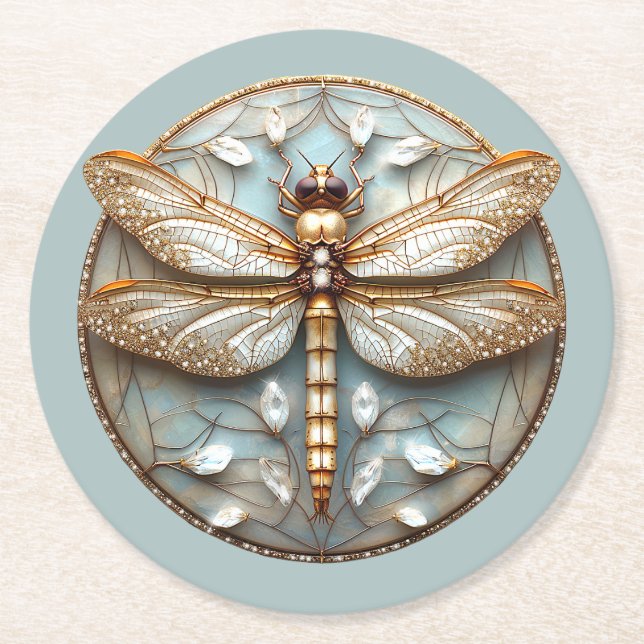 Beautiful Art Deco Dragonfly Gold Diamonds Round Paper Coaster (Front)