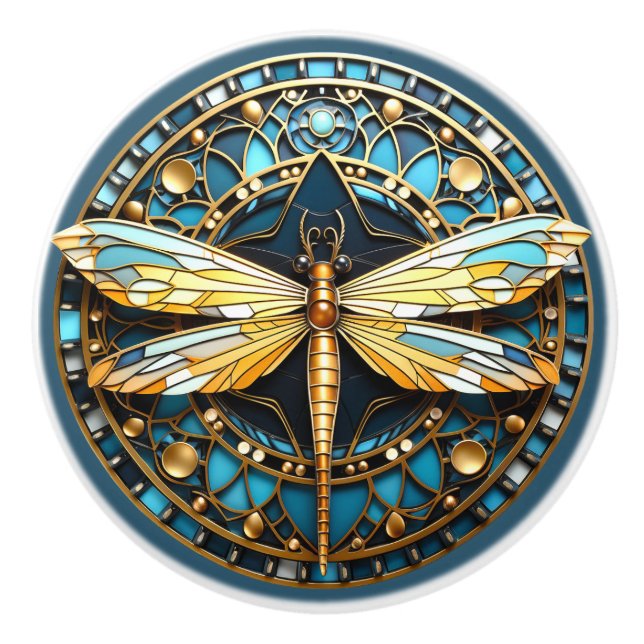 Beautiful,Art Deco Dragonfly Gold Turquoise  Ceramic Knob (Front)