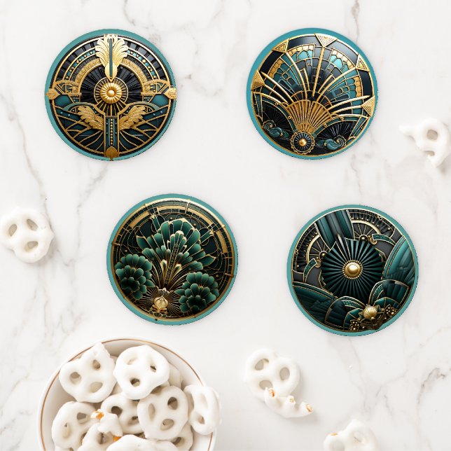 Beautiful Art Deco Elegant Gold Turquoise    Coaster Set (In Situ)