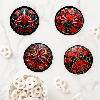 Beautiful Art Deco Elegant Red Black Gold Coaster Set