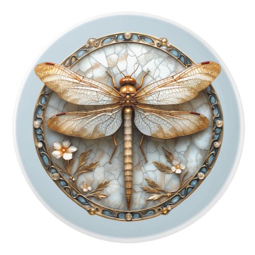 Beautiful Art Deco Enamel Dragonfly Gold Pearls Ceramic Knob