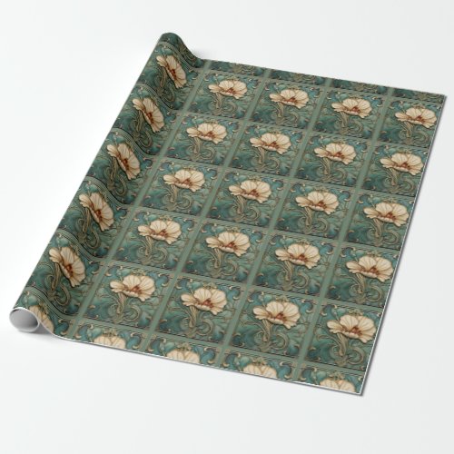 Beautiful Art Deco Floral in Green White and gold Wrapping Paper