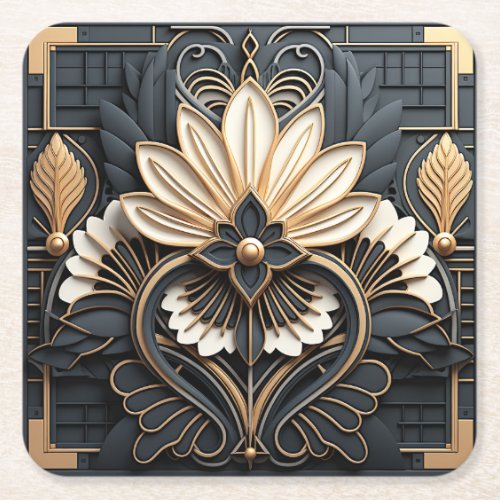 Beautiful Art Deco Gold Black White Elegant Square Paper Coaster