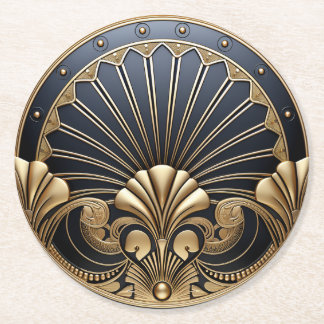 Beautiful Art Deco Gold & Navy Round Paper Coaster