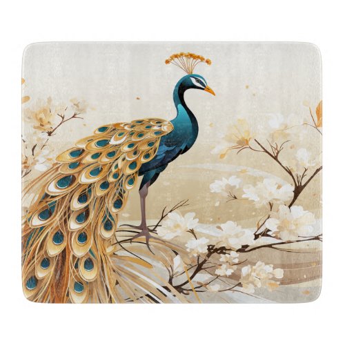 Beautiful Art Deco Gold Teal Peacock White Flowers Cutting Board