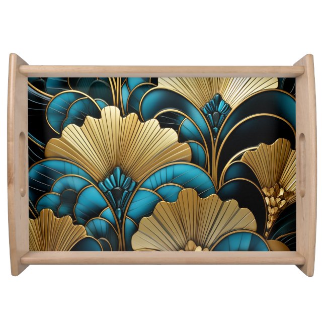Beautiful Art Deco Gold Turquoise Teal Serving Tray (Front)