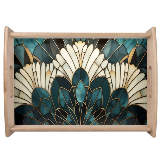 Beautiful Art Deco Gold Turquoise Teal White Serving Tray (Front)