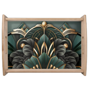 Beautiful Art Deco Green Black Gold Abstract Serving Tray