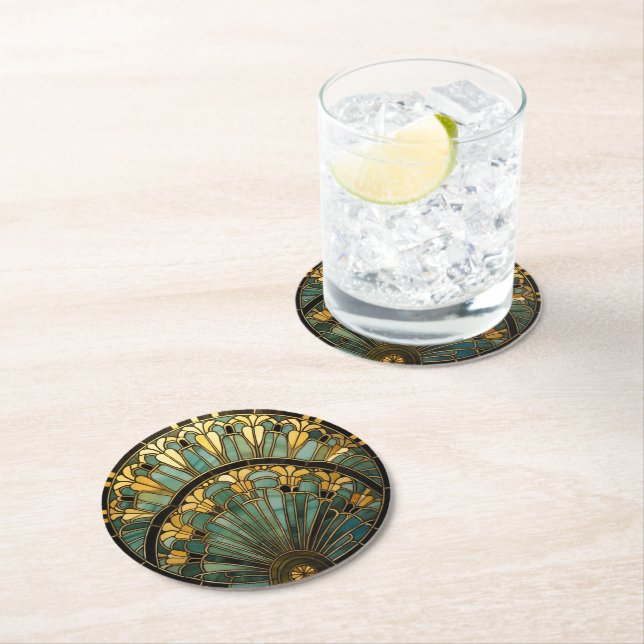 Beautiful Art Deco Green Gold Black Elegant Round Paper Coaster (Insitu)