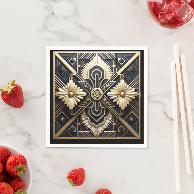 Beautiful Art Deco Ivory Cream Gold Black   Napkins (Insitu)