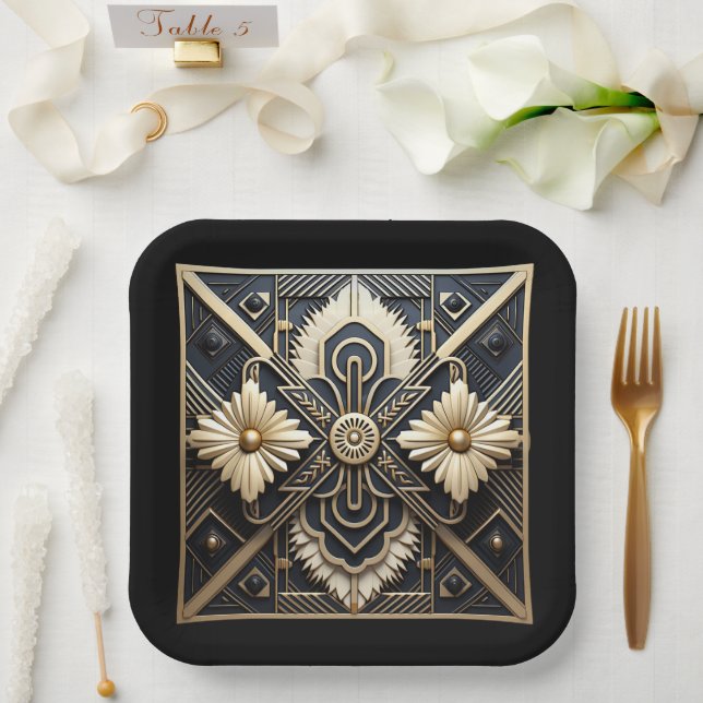 Beautiful Art Deco Ivory Cream Gold Black   Paper Plates (Wedding)