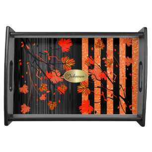 Beautiful Art Deco Orange & Black Floral DIY Name Serving Tray