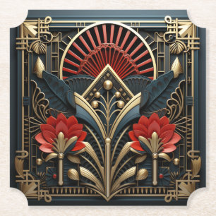 Beautiful Art Deco Red Gold Black Elegant Paper Coaster