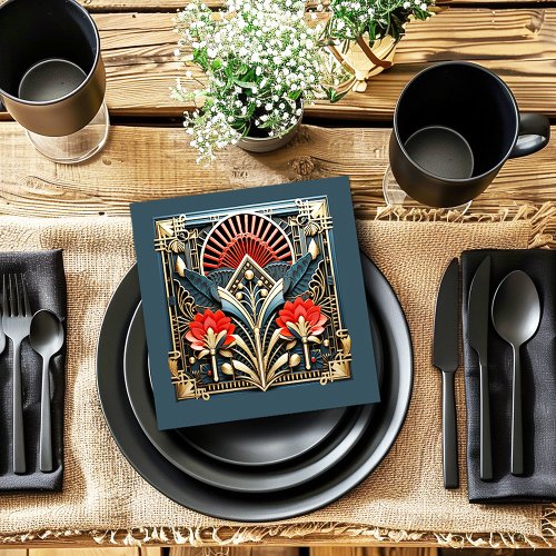 Beautiful Art Deco Red Gold Teal Napkins