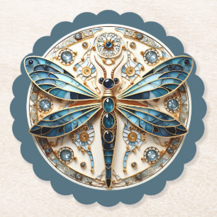 Beautiful Art Deco Stained Glass Dragonfly   Paper Coaster
